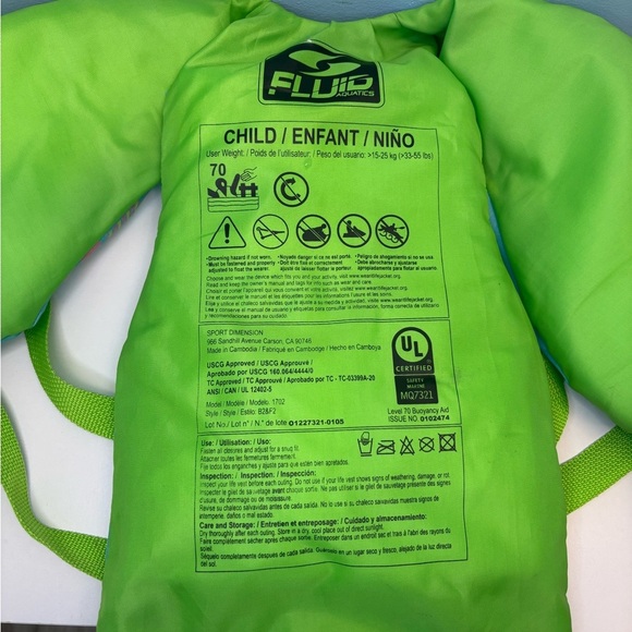 Fluid Aquatics U.S. Coast Guard Approved Child Life Jacket in green/blue colors - Picture 3 of 3